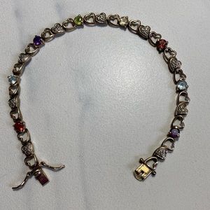 Gemstone & heart chain sterling‎ silver bracelet 925